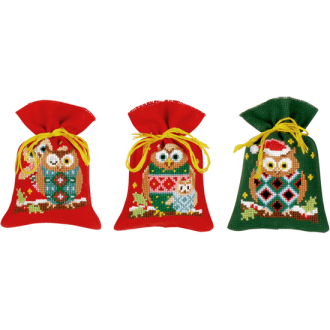 Kruissteek borduurpakket set van 3 kerst zakjes met uilen van VERVACO PN-0155943 