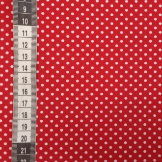 Rode polkadot stof met witte kleine stippen 150cm breed