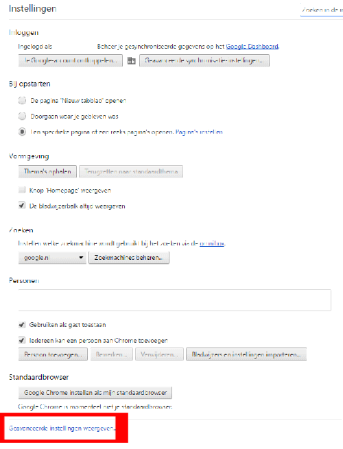 Chrome geavenceerde instellingen