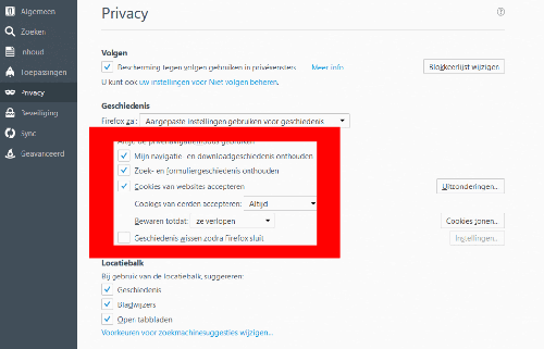 Firefox cookie instellingen