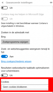 Edge cookie instellingen