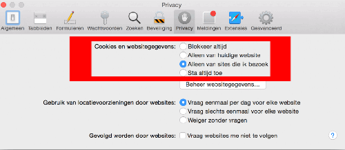 Safari cookies instellingen
