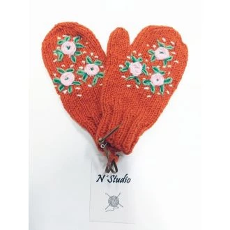 Handgebreide geborduurde kinderwanten brick - roze bloemen N'STUDIO