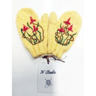 Handgebreide geborduurde kinderwanten geel paddestoelen N'STUDIO