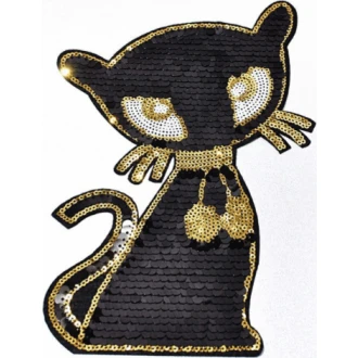 Applicatie zwart en gouden kat 21x11,5cm opstrijkbaar
