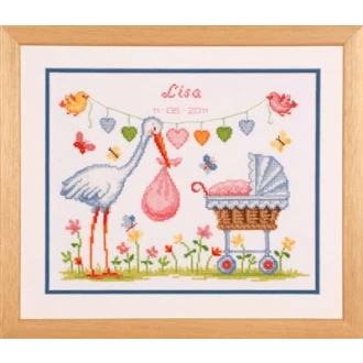 Kruissteek borduurpakket geboortetegel ooievaar 28x23cm van VERVACO PN-0011902