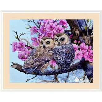 Two owls in spring blossom kruissteek borduurpakket van STITCHCOMPANY mer-k228