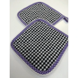 Pannenlappen ruitjes met paarse polkadot bies 18x18cm