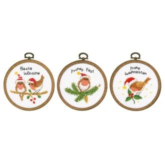Kerstvogeltjes miniatuurset van 3 borduurringen borduurpakket van VERVACO pn-0182761
