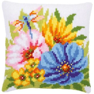 Kleurige bloemen borduurpakket kussen 40x40cm van VERVACO PN-0184985