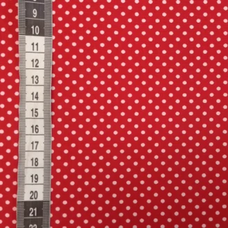 Rode polkadot stof met witte kleine stippen 150cm breed