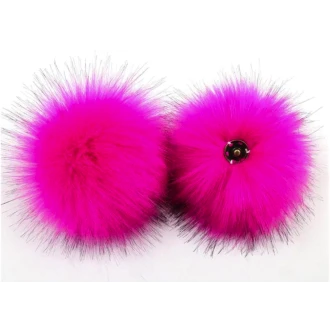 Felroze bonten pompon ca. 15cm met drukknoop