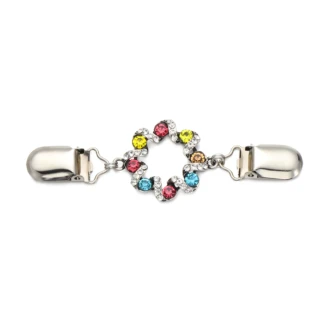 Vestklem zilverkleurig rond met gekleurde steentjes
